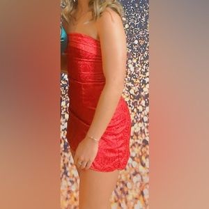 mini red strapless dress